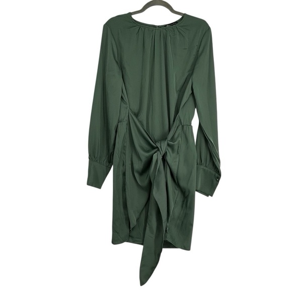PRETTYGARDEN Green Satin Wrap Tie Waist Mini Dress XL NWT Long Sleeve - Picture 5 of 10